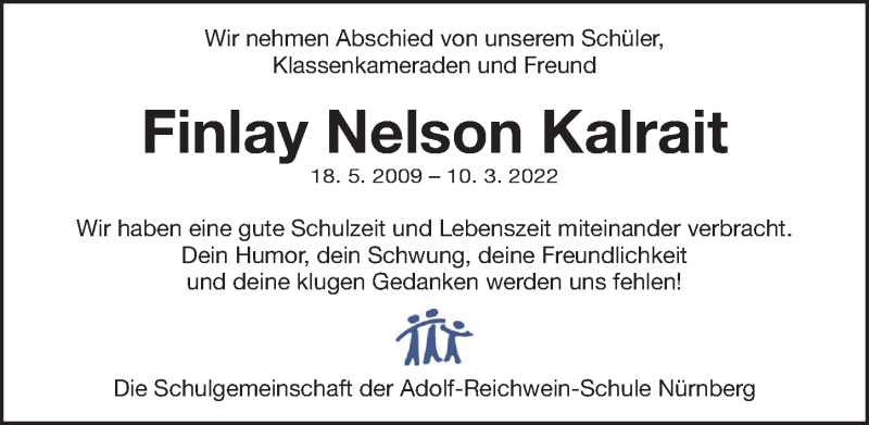  Traueranzeige für Finlay Nelson Kalrait vom 26.03.2022 aus Gesamtausgabe Nürnberger Nachrichten/ Nürnberger Ztg.