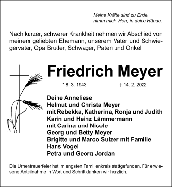 Traueranzeige von Friedrich Meyer von Fürther Nachrichten Lokal
