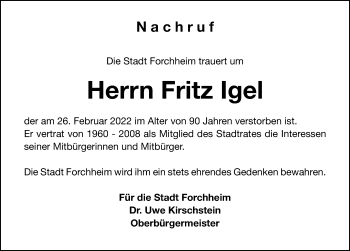 Traueranzeige von Fritz Igel von Nordbayerische Nachrichten Forchheim Lokal