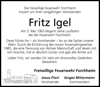 Traueranzeige von Fritz Igel von Nordbayerische Nachrichten Forchheim Lokal