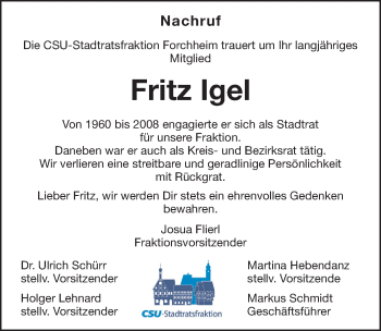 Traueranzeige von Fritz Igel von Nordbayerische Nachrichten Forchheim Lokal