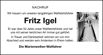 Traueranzeige von Fritz Igel von Nordbayerische Nachrichten Forchheim Lokal