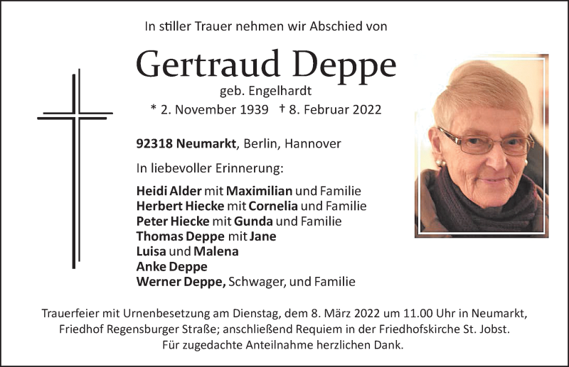  Traueranzeige für Gertraud Deppe vom 04.03.2022 aus Neumarkter Nachrichten Lokal