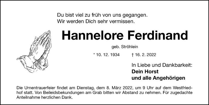  Traueranzeige für Hannelore Ferdinand vom 05.03.2022 aus Gesamtausgabe Nürnberger Nachrichten/ Nürnberger Ztg.