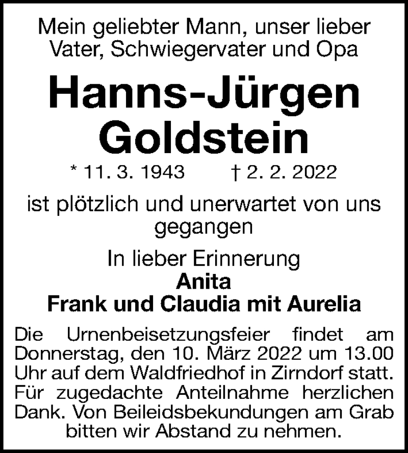  Traueranzeige für Hanns-Jürgen Goldstein vom 08.03.2022 aus Fürther Nachrichten Lokal