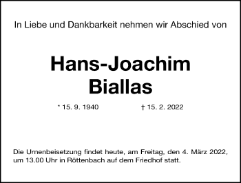 Traueranzeige von Hans-Joachim Biallas von Nordbayerische Nachrichten Herzogenaurach Lokal