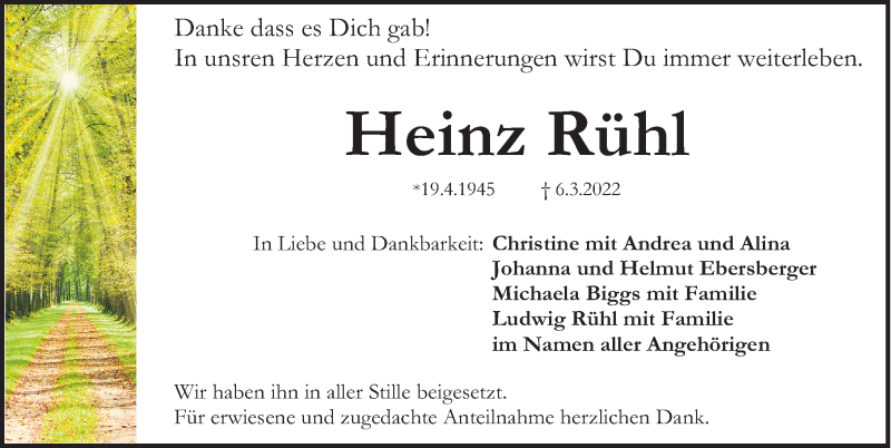  Traueranzeige für Heinz Rühl vom 19.03.2022 aus Erlanger Nachrichten Lokal