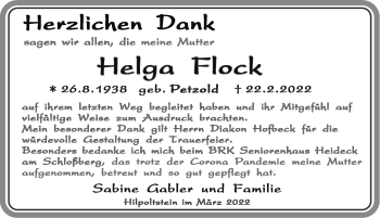 Traueranzeige von Helga Flock von Roth-Hilpoltsteiner Volkszeitung Lokal