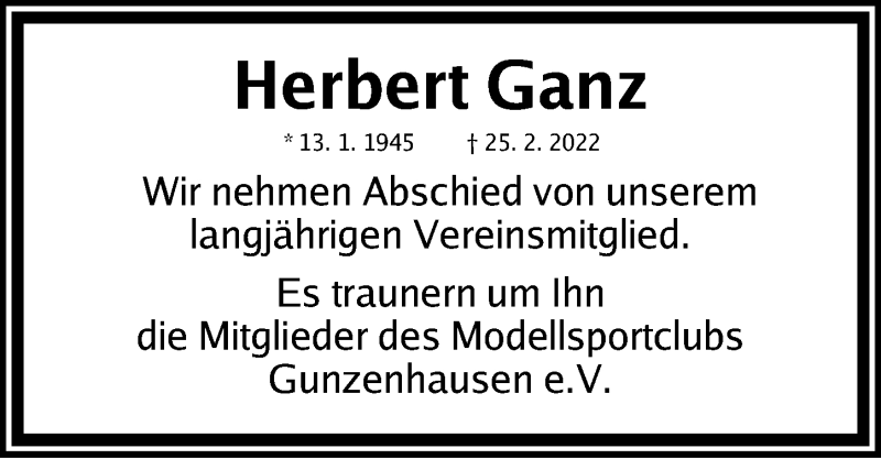  Traueranzeige für Herbert Ganz vom 30.03.2022 aus Altmühl-Bote Lokal