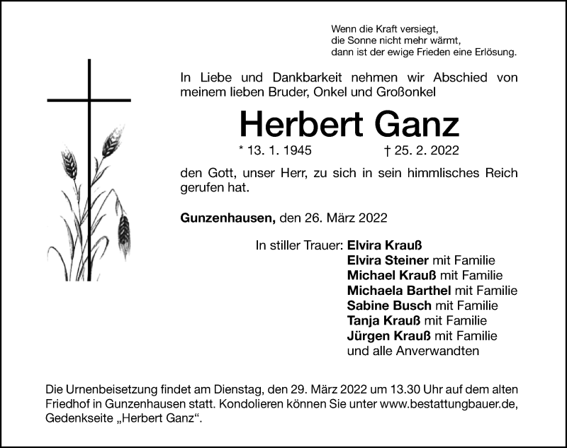  Traueranzeige für Herbert Ganz vom 26.03.2022 aus Altmühl-Bote Lokal