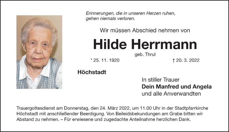 Traueranzeigen von Hilde Herrmann | trauer.nn.de