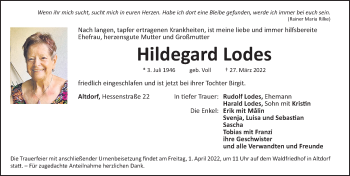 Traueranzeige von Hildegard Lodes von Gesamtausgabe Nürnberger Nachrichten/ Nürnberger Ztg.