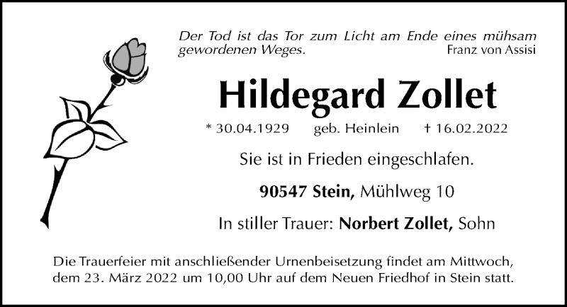  Traueranzeige für Hildegard Zollet vom 19.03.2022 aus Gesamtausgabe Nürnberger Nachrichten/ Nürnberger Ztg.