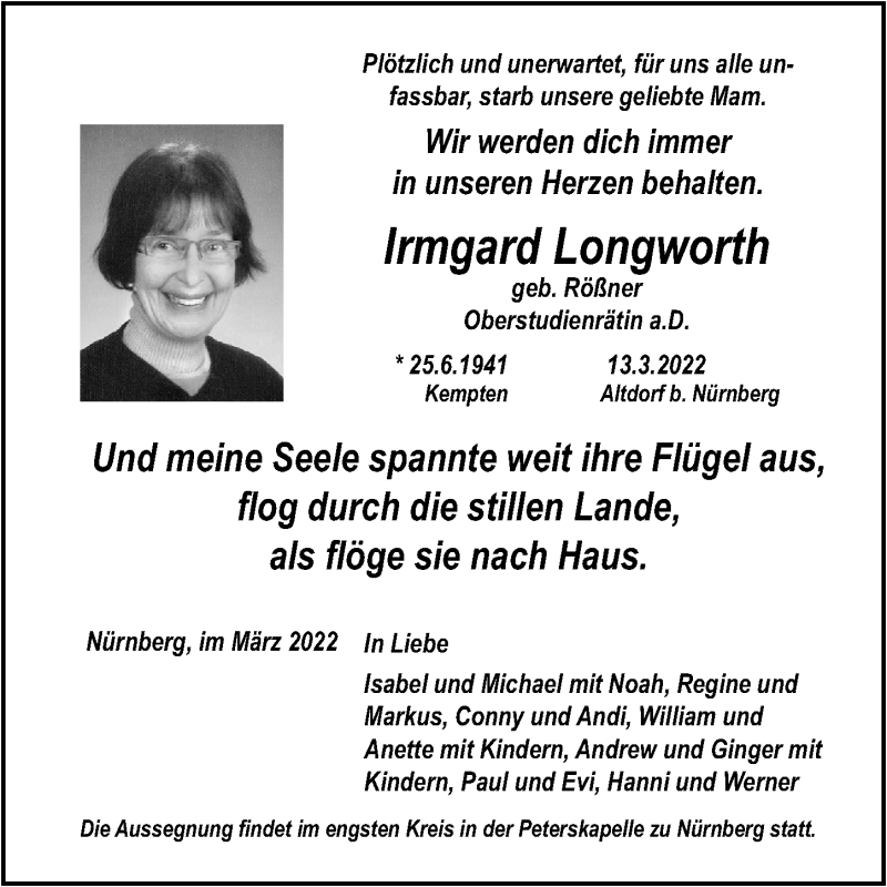  Traueranzeige für Irmgard Longworth vom 19.03.2022 aus Gesamtausgabe Nürnberger Nachrichten/ Nürnberger Ztg.