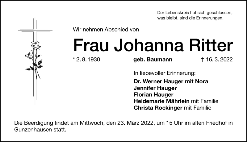  Traueranzeige für Johanna Ritter vom 21.03.2022 aus Altmühl-Bote Lokal