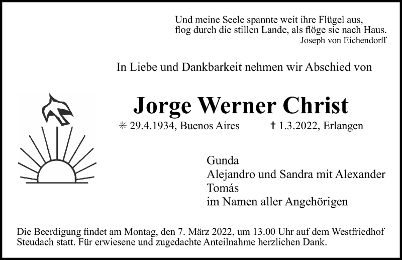 Traueranzeigen von Jorge Werner Christ | trauer.nn.de