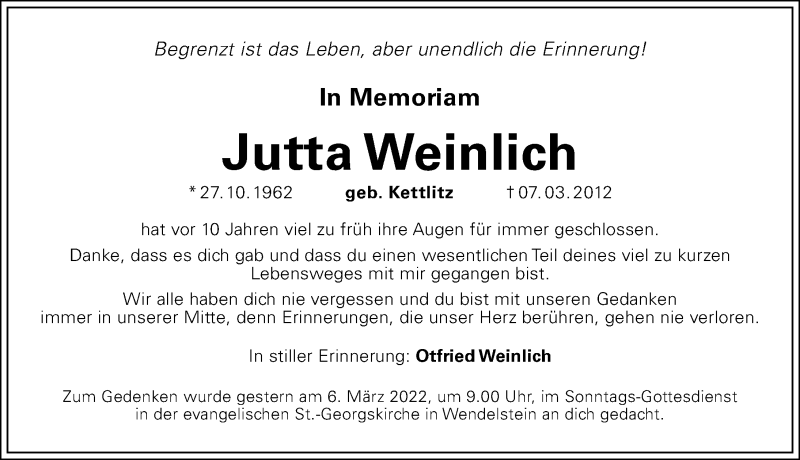  Traueranzeige für Jutta Weinlich vom 07.03.2022 aus Schwabacher Tagblatt Lokal