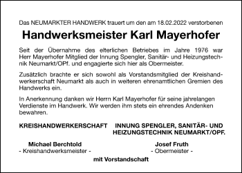 Traueranzeige von Karl Mayerhofer von Neumarkter Nachrichten Lokal