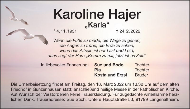  Traueranzeige für Karoline Hajer vom 15.03.2022 aus Altmühl-Bote Lokal
