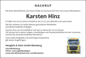 Traueranzeige von Karsten Hinz von Schwabacher Tagblatt Lokal
