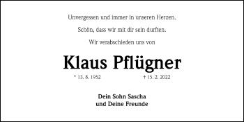 Traueranzeige von Klaus Pflügner von Erlanger Nachrichten Lokal