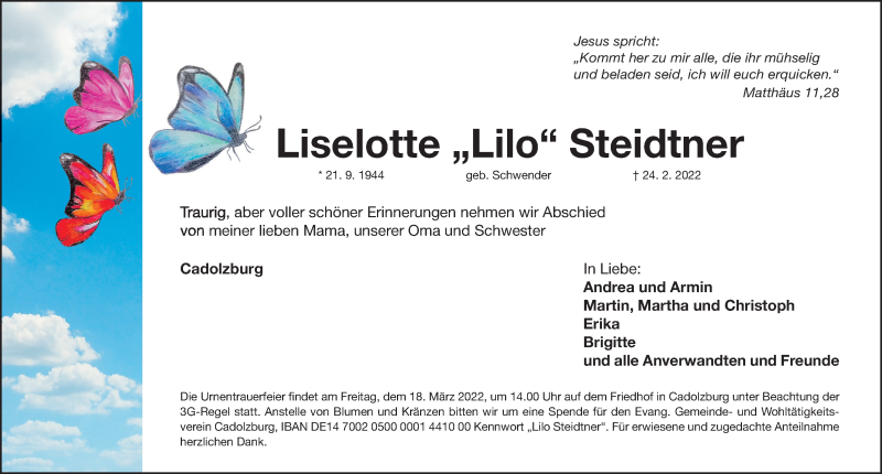  Traueranzeige für Liselotte Steidtner vom 12.03.2022 aus Gesamtausgabe Nürnberger Nachrichten/ Nürnberger Ztg.