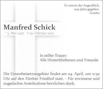 Traueranzeige von Manfred Schick von Fürther Nachrichten Lokal