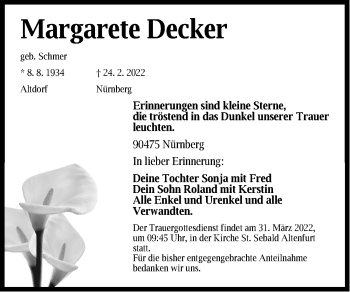 Traueranzeige von Margarete Decker von Gesamtausgabe Nürnberger Nachrichten/ Nürnberger Ztg.