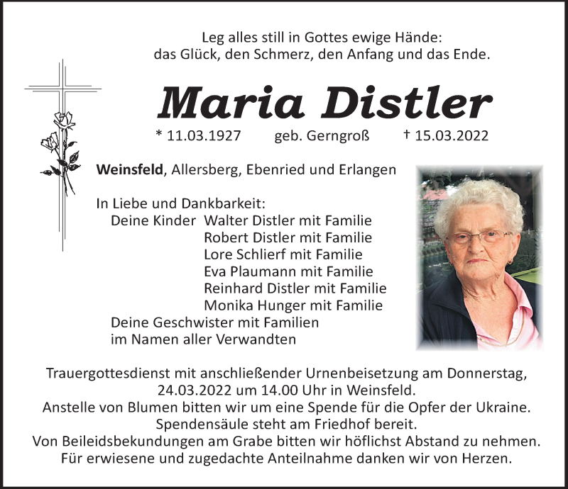 Traueranzeigen von Maria Distler | trauer.nn.de