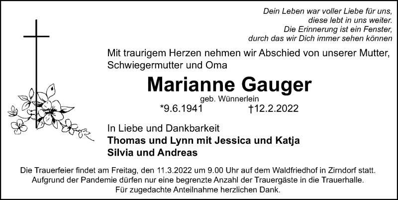 Traueranzeige für Marianne Gauger vom 04.03.2022 aus Fürther Nachrichten Lokal