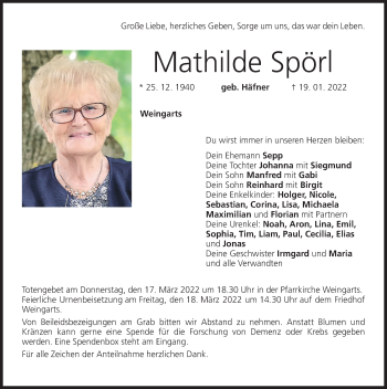 Traueranzeige von Mathilde Spörl von Nordbayerische Nachrichten Forchheim Lokal