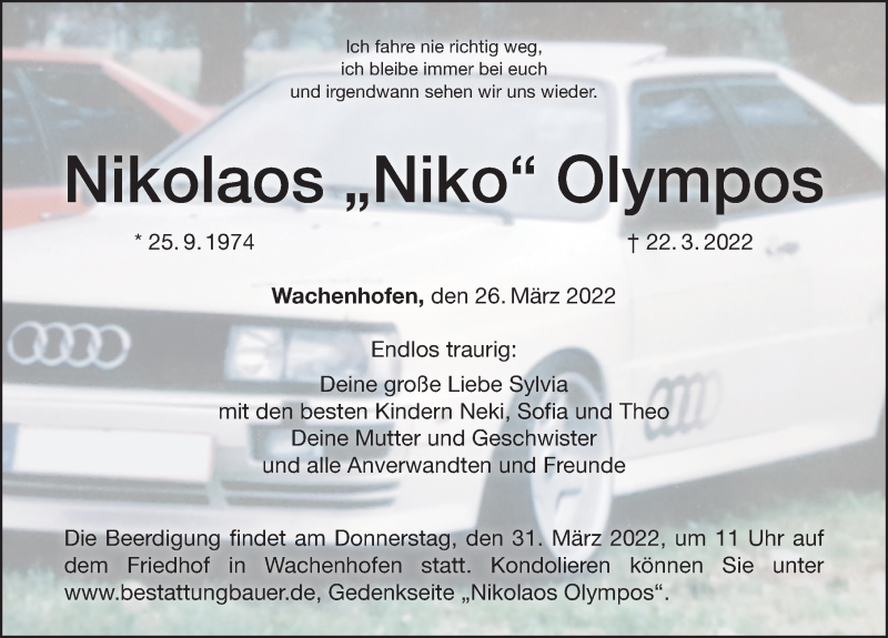  Traueranzeige für Nikolaos Olympos vom 26.03.2022 aus Altmühl-Bote Lokal