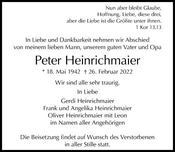 Traueranzeige von Peter Heinrichmaier von Gesamtausgabe Nürnberger Nachrichten/ Nürnberger Ztg.