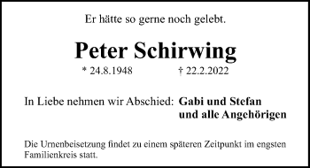 Traueranzeige von Peter Schirwing von Gesamtausgabe Nürnberger Nachrichten/ Nürnberger Ztg.