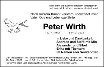 Traueranzeige von Peter Wirth von Gesamtausgabe Nürnberger Nachrichten/ Nürnberger Ztg.
