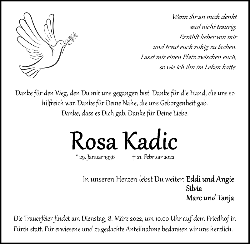  Traueranzeige für Rosa Kadic vom 05.03.2022 aus Fürther Nachrichten Lokal