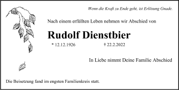 Traueranzeige von Rudolf Dienstbier von Gesamtausgabe Nürnberger Nachrichten/ Nürnberger Ztg./ Erlanger Nachrichten