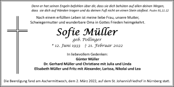 Traueranzeige von Sofie Müller von Gesamtausgabe Nürnberger Nachrichten/ Nürnberger Ztg.