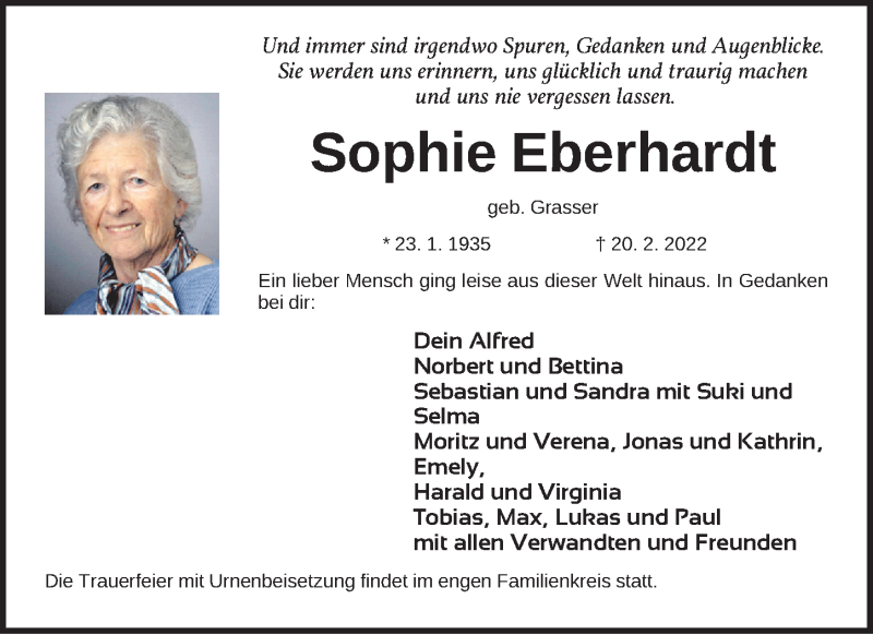 Traueranzeigen von Sophie Eberhardt | trauer.nn.de