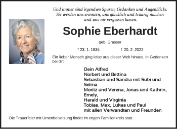 Traueranzeige von Sophie Eberhardt von Gesamtausgabe Nürnberger Nachrichten/ Nürnberger Ztg.