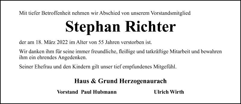  Traueranzeige für Stephan Richter vom 26.03.2022 aus Nordbayerische Nachrichten Herzogenaurach Lokal