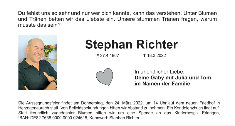  Traueranzeige für Stephan Richter vom 22.03.2022 aus Nordbayerische Nachrichten Herzogenaurach Lokal