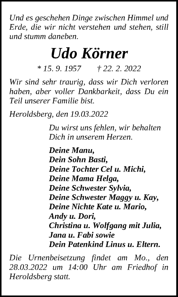  Traueranzeige für Udo Körner vom 19.03.2022 aus Gesamtausgabe Nürnberger Nachrichten/ Nürnberger Ztg.