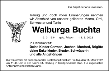 Traueranzeige von Walburga Buchta von Gesamtausgabe Nürnberger Nachrichten/ Nürnberger Ztg.