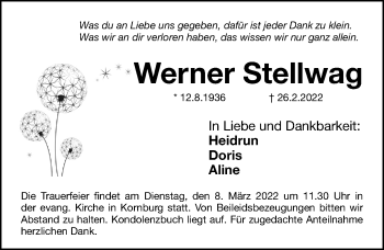 Traueranzeige von Werner Stellwag von Gesamtausgabe Nürnberger Nachrichten/ Nürnberger Ztg.