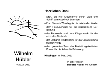 Traueranzeige von Wilhelm Hübler von Altmühl-Bote Lokal
