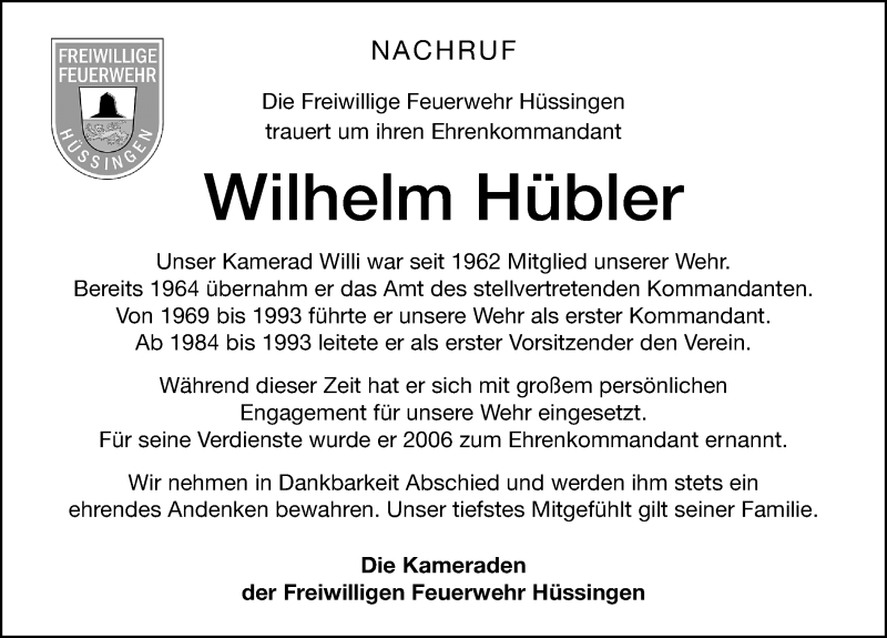  Traueranzeige für Wilhelm Hübler vom 12.03.2022 aus Altmühl-Bote Lokal