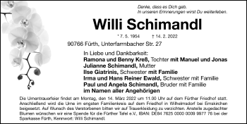 Traueranzeige von Willi Schimandl von Fürther Nachrichten Lokal