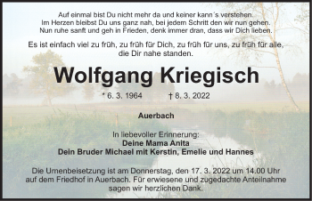 Traueranzeige von Wolfgang Kriegisch von Nordbayerische Nachrichten Pegnitz Lokal