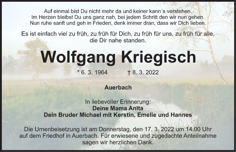  Traueranzeige für Wolfgang Kriegisch vom 12.03.2022 aus Nordbayerische Nachrichten Pegnitz Lokal